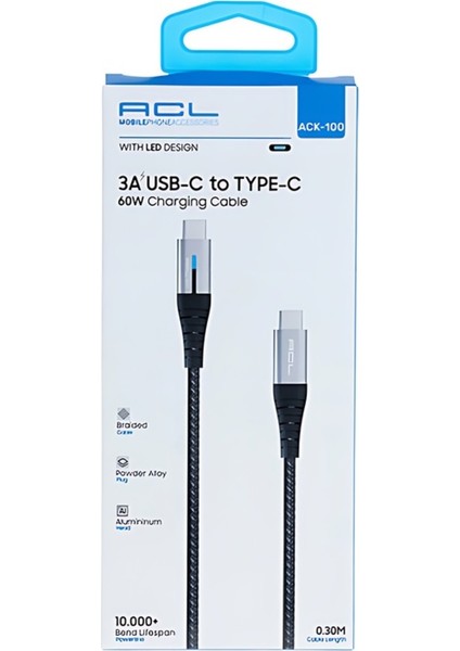 ACK-100 3A, 60 Watt Uyumlu 0.30MT LED Işıklı Şarj Kablosu