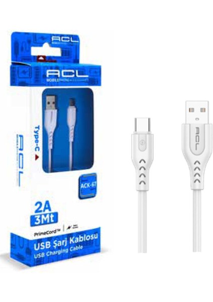 Ack-67 Primecord 2A, 3metre Type-C USB Şarj Kablosu