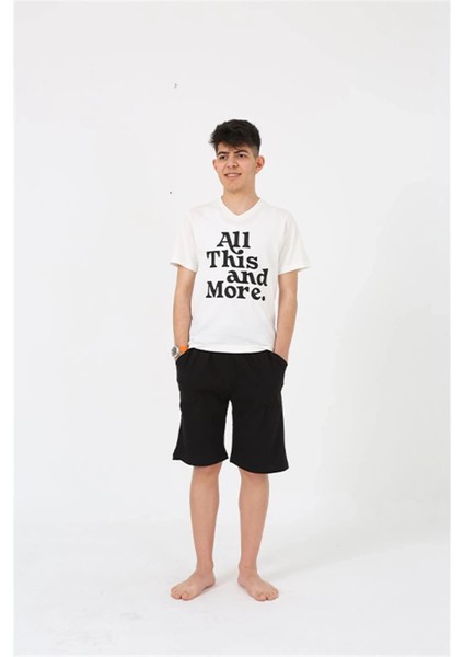 Moda Erkek Genç Garson Boy Kısa Kol Ekru Penye Şortlu Pijama Takımı