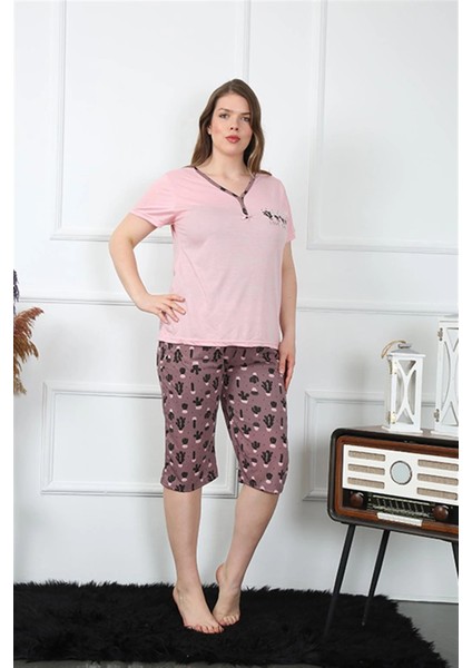 Moda Kadın Büyük Beden Viscon Kapri Pijama Takım Pembe