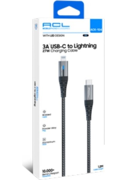 ACK-104 3A, 27 Watt 1.2mt LED Işıklı Şarj Kablosu