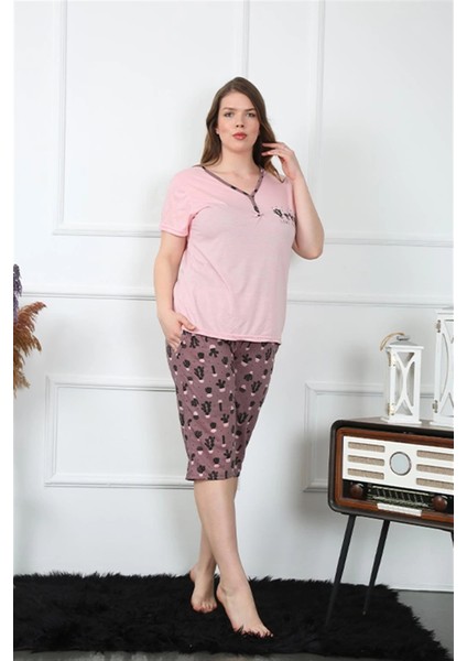 Moda Kadın Büyük Beden Viscon Kapri Pijama Takım Pembe modelleri