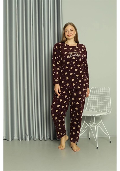 Moda Polar Kadın Büyük Beden Pijama Takımı Bordo
