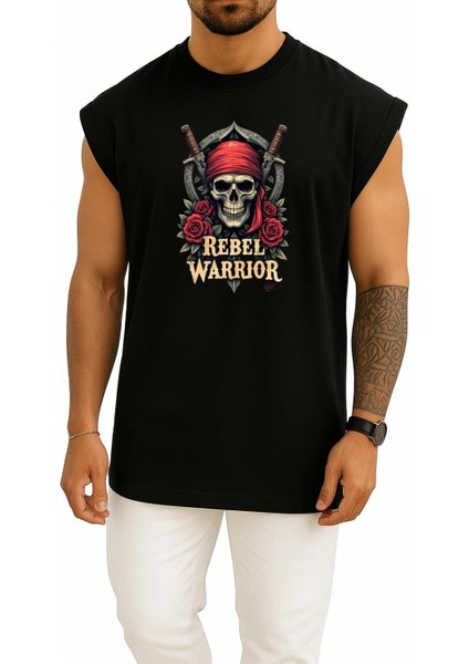 Oversize Rebel Warrior Skull Göğüs Baskılı Atlet