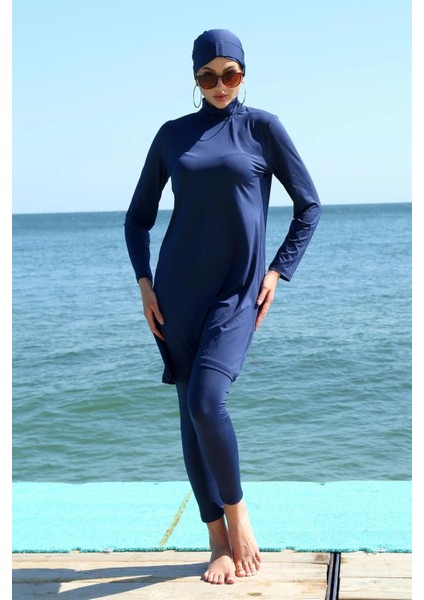 Moda Uzun Kol Likralı Lacivert Tesettür Mayo