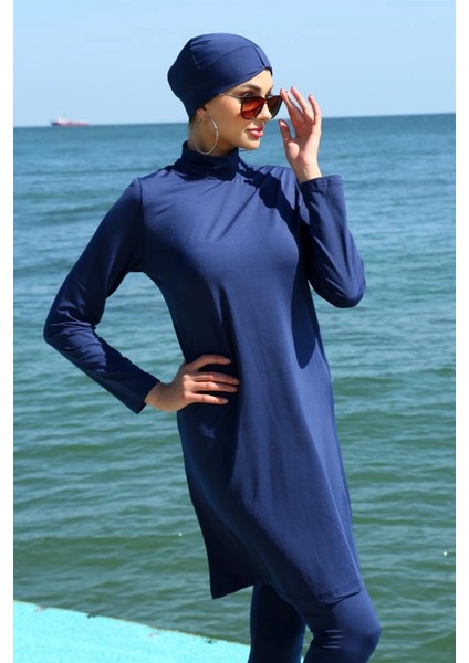 Moda Uzun Kol Likralı Lacivert Tesettür Mayo fiyatları
