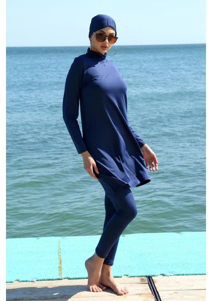 Moda Uzun Kol Likralı Lacivert Tesettür Mayo modelleri