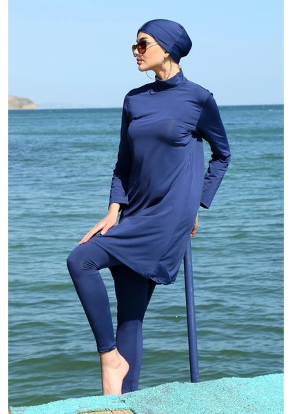 Moda Uzun Kol Likralı Lacivert Tesettür Mayo fırsatları