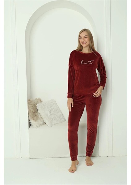 Moda Kadın Kadife Bordo Pijama Takım