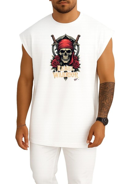 Oversize Rebel Warrior Skull Göğüs Baskılı Atlet