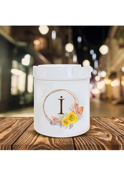 Çiçek Desenli I Harfi Baskılı Seramik Şık Küllük