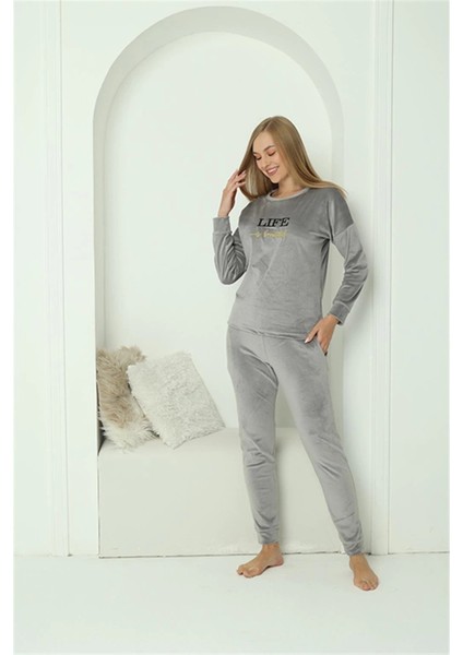 Moda Kadın Kadife Gri Pijama Takım