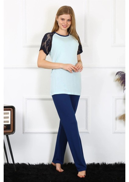 Moda Kadın Kolu Dantelli Penye Pijama Takım Su Yeşili