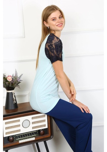 Moda Kadın Kolu Dantelli Penye Pijama Takım Su Yeşili modelleri
