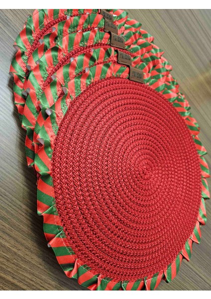Yılbaşı Temalı 33 cm Kırmızı Yuvarlak Supla – Özel Tasarım Jut Örgü Amerikan Servis