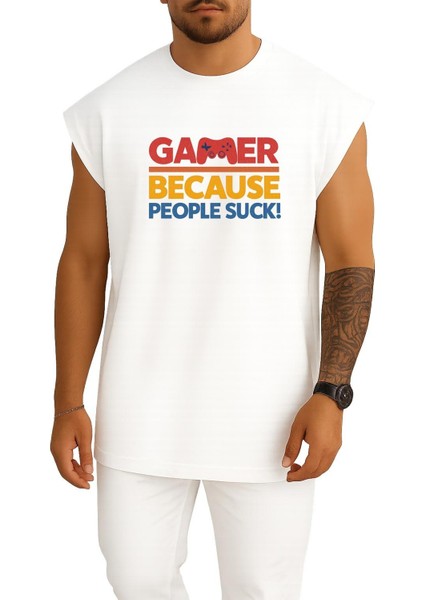 Oversize Oyuncuyum Çünkü Insanlar Berbat Göğüs Baskılı Atlet