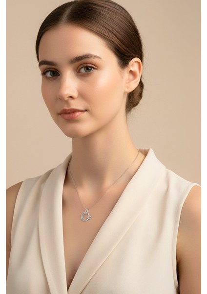 Mmif Ayyıldız Desenli Kolye Ucu Gümüş Renkli ve Kolye Gümüş Kaplama Kolye Unisex 46CM