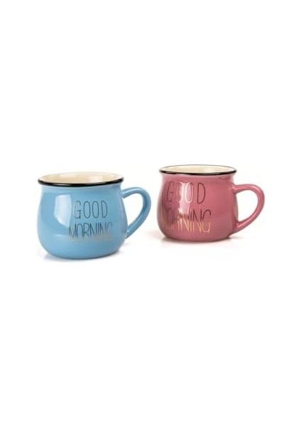 2&apos;li Görünümlü Porselen Kupa Seti Good Morning Yazılı 150 Ml,pembe & Mavi