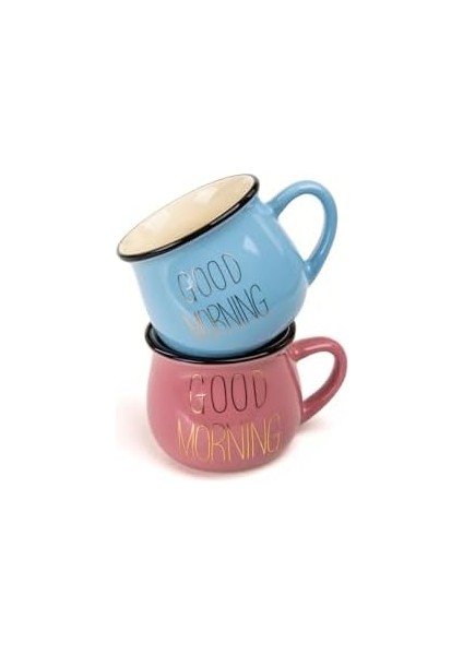 2&apos;li Görünümlü Porselen Kupa Seti Good Morning Yazılı 150 Ml,pembe & Mavi modelleri