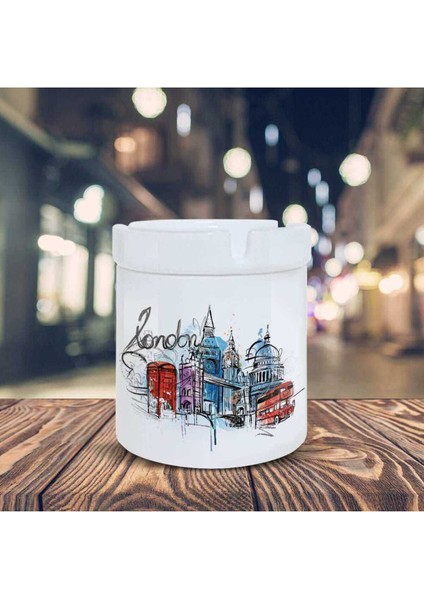 Londra Şehir Renkli Silüet Baskılı Küllük Kül Tablası -11147