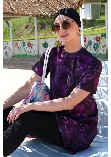 Moda Kısa Kol Güllü Yarım Tesettür Mayo Mor modelleri