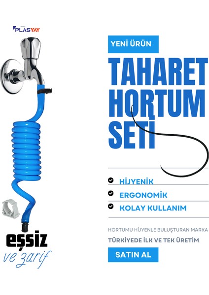 Spiral Wc Taharet Hortumu Duvar Sabitlemeli Plastik Kelepçeli 2 Metre Mavi