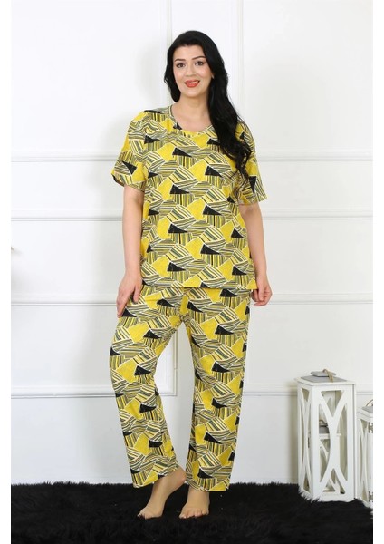 Moda Kadın 5xl-6xl-7xl-8xl Büyük Beden Kısa Kol Pijama Takım Sarı