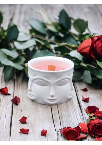 Soyut Yüz Figürlü Kokulu Modern Tasarımlı %100 Doğal Soya Mum - Ahşap Fitilli Dekoratif Mum