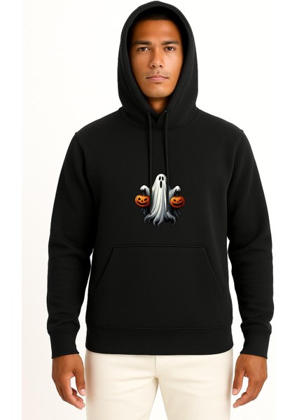 Kapüşonlu Hallowen ve Ghost Göğüs Baskılı Unisex Sweatshirt