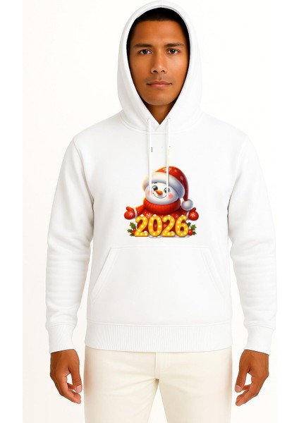 Kapüşonlu 2026 Yeni Yıl Yılbaşı Göğüs Baskılı Unisex Sweatshirt