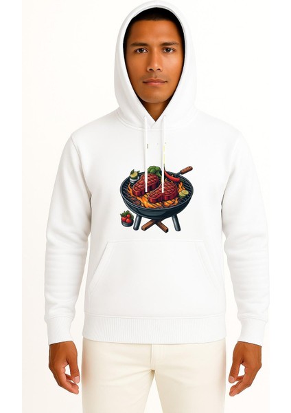 Kapüşonlu Izgara Üstünde Biftek Mangal Göğüs Baskılı Unisex Sweatshirt