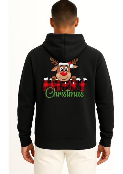 Kapüşonlu Merry Christmas Noel Geyiği Cep ve Sırt Baskılı Unisex Sweatshirt fiyatları