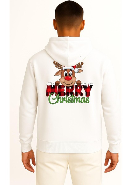 Kapüşonlu Merry Christmas Noel Geyiği Cep ve Sırt Baskılı Unisex Sweatshirt fiyatları