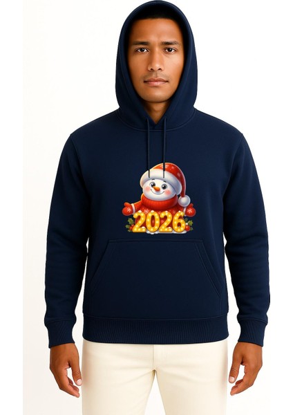 Kapüşonlu 2026 Yeni Yıl Yılbaşı Göğüs Baskılı Unisex Sweatshirt