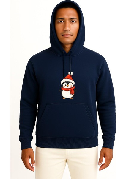 Kapüşonlu Yılbaşı Penguen Christmas Göğüs Baskılı Unisex Sweatshirt