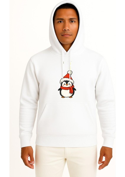 Kapüşonlu Yılbaşı Penguen Christmas Göğüs Baskılı Unisex Sweatshirt