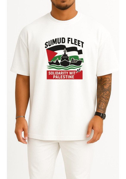 Oversize Sumud Fleet Göğüs ve Sırt Tasarımlı Unisex T-Shirt