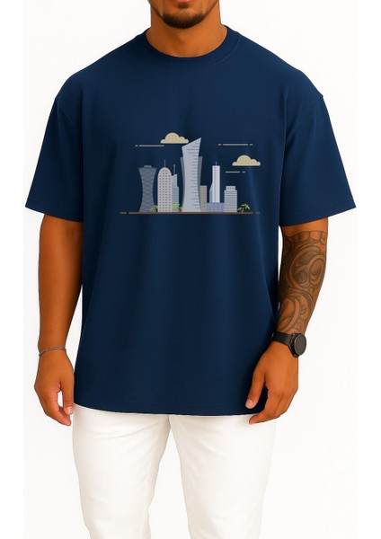 Oversize Illustration Of High-Rise Buildings Qatar Göğüs Tasarımlı Unisex T-Shirt