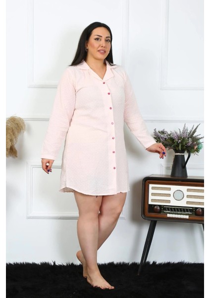 Moda Kadın Büyük Beden Pamuk Dokuma Düğmeli Uzun Kol Pembe Tunik Gecelik