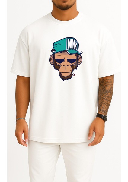 Oversize Monkey Drawing Illustration Nyse - Maymun Göğüs Tasarımlı Unisex T-Shirt