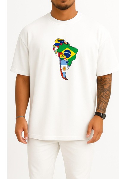 Oversize Güney Amerika Kıtası - South America Göğüs Tasarımlı Unisex T-Shirt