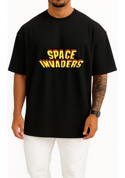Oversize Space Invaders Video Game Göğüs Tasarımlı Unisex T-Shirt