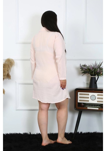 Moda Kadın Büyük Beden Pamuk Dokuma Düğmeli Uzun Kol Pembe Tunik Gecelik modelleri