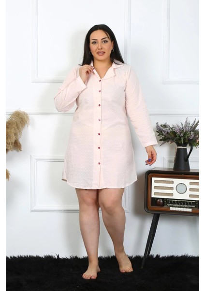Moda Kadın Büyük Beden Pamuk Dokuma Düğmeli Uzun Kol Pembe Tunik Gecelik fırsatları