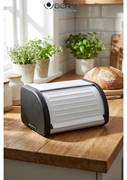 Paslanmaz Çelik Vintage Ekmeklik - Kayar Kapaklı Ekmek Kutusu - Geniş Hacimli - Beyaz ve Siyah Renk