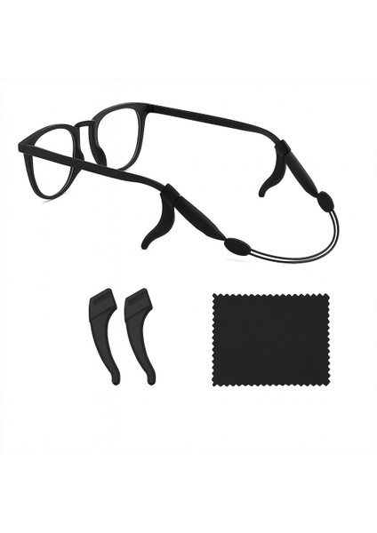 Gözlük Askısı Çelik Silikon Kaymaz Ayarlanabilir 1 Çift Gözlük Kulak Arkası Tutucu, 1 Adet Mikrofiber Bez