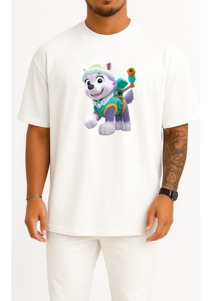 Oversize Siberian Husky Super Paw Patrol Adventure Göğüs Tasarımlı Unisex T-Shirt