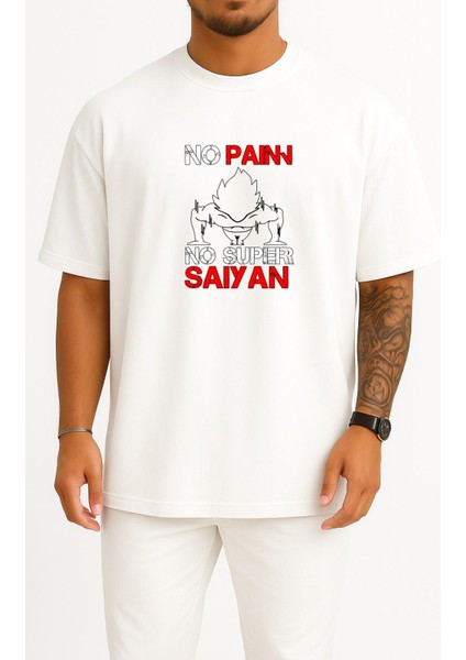 Oversize No Pain No Super Saiyan - Şınav Makinesi Göğüs Tasarımlı Unisex T-Shirt