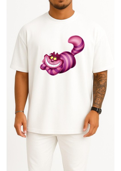Oversize Alice Harikalar Diyarında Cheshire Illüstrasyon Göğüs Tasarımlı Unisex T-Shirt