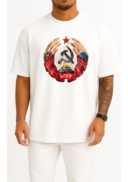 Oversize Byelorussian Soviet Socialist Republic Flag Göğüs Tasarımlı Unisex T-Shirt